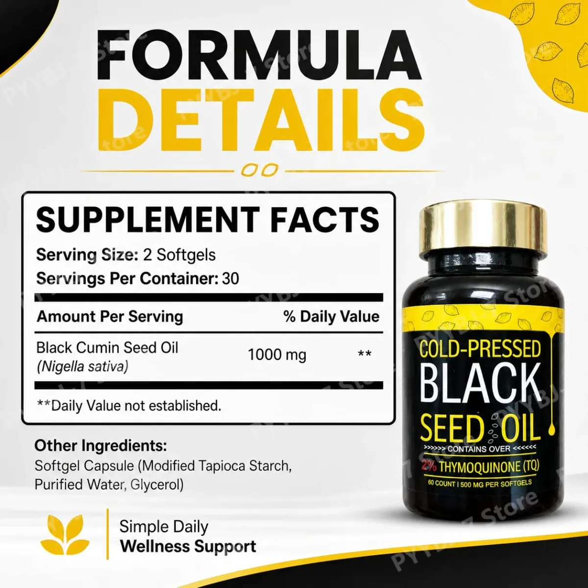 Black Seed Oil Capsules Cold Pressed Contain 1000mg Natural Nigella Sativa Oil – Daily Herbal Supplement 60 Count Per Bottle