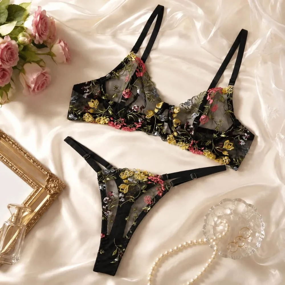 Bohemia Transparent Lingerie Set Push Up Elegant Embroidery Floral Underwear Ultra-thin Panties Bra Set Honeymoon