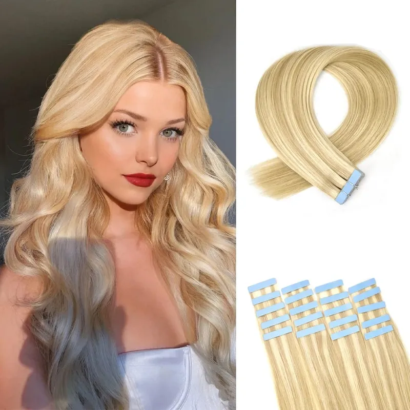 Natural Hair Tape in Extensions 100% Remy Human Hair Extensions Straight Balayage Brown Seamless Glue On Hair For Woman 20pcs