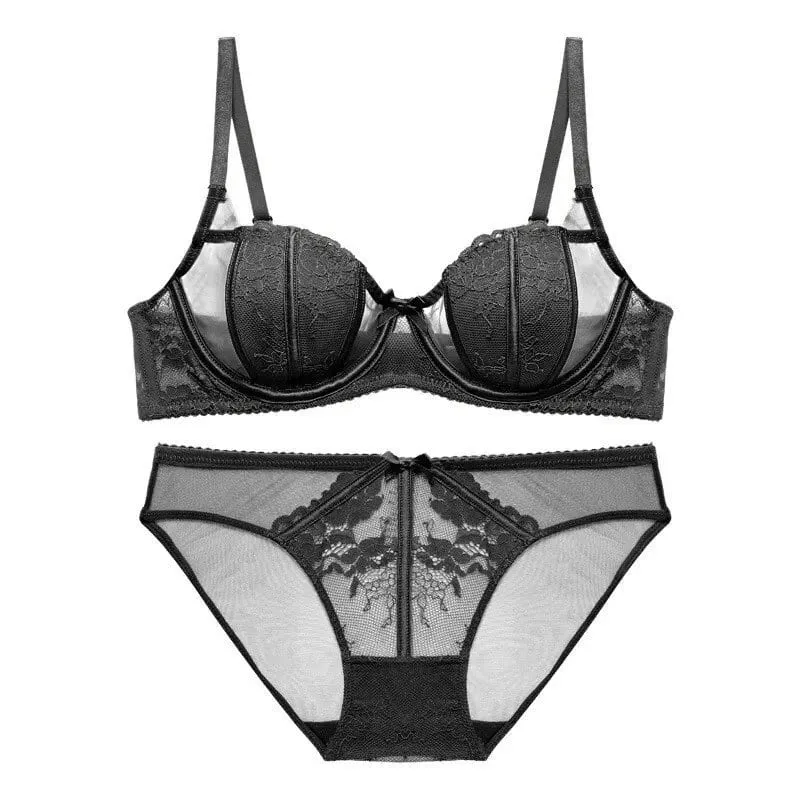 Ensemble Lingerie Dentelle Française Brodée Bonnets Oreille De Lapin Fil Doux Push Up Respirable Amincissant Confort Élégant