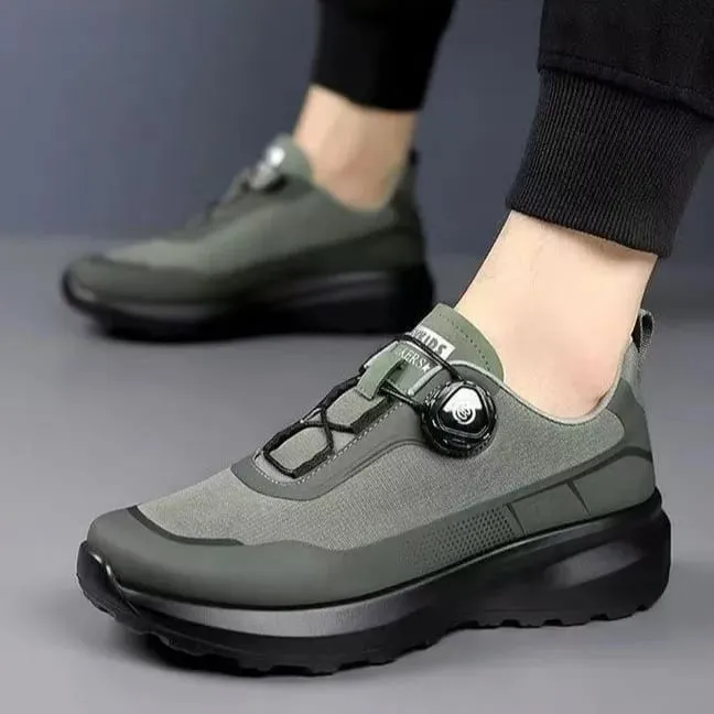 Men Black Casual Running Shoes Rotating Button Slip Resistant Thick Sole Outdoor Sneakers