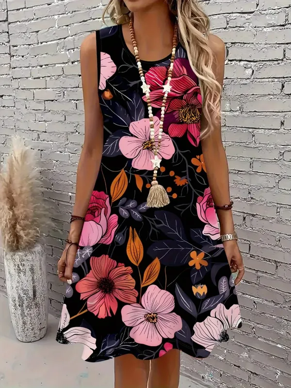 Màu Đen sang trọng Váy Hoa Nữ Không Tay Slim Fit Sundress Thời Trang In Hoa Nữ Công Sở Thường Ngày Áo 2026