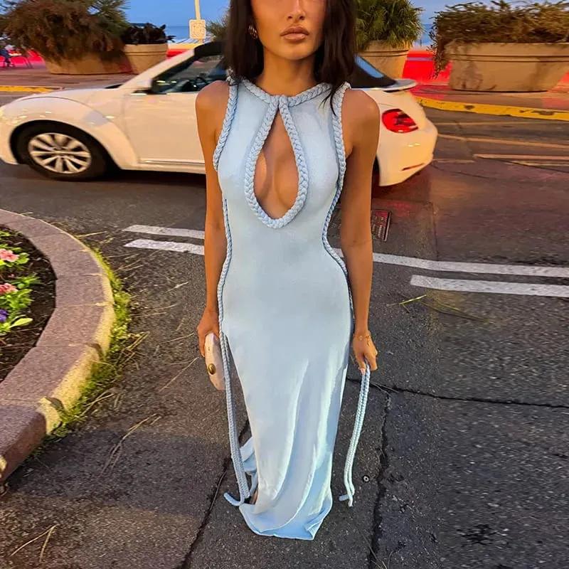 Braided Trim Sexy High Slit Dress Lady Sleeveless Hollow Out Backless Bodycon Maxi Dresses 2026 Summer Elegant Chic Evening Gown — image 8