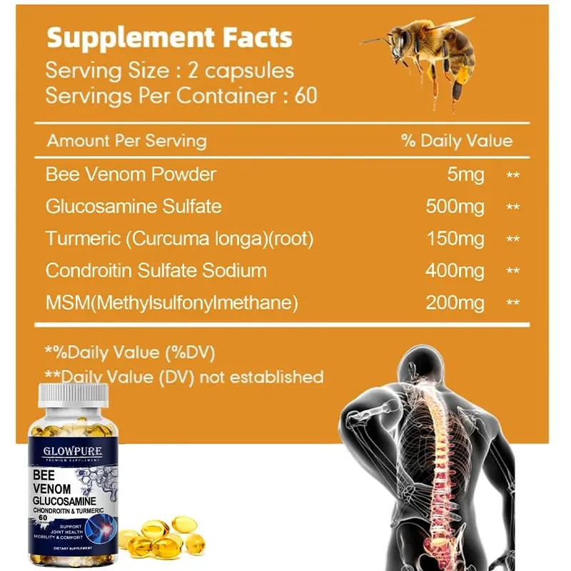 Bee Venom Extract Glucosamine & Turmeric Capsules for Joint & Muscle Health Enhanced Mobility Flexibility Comfort Supplement