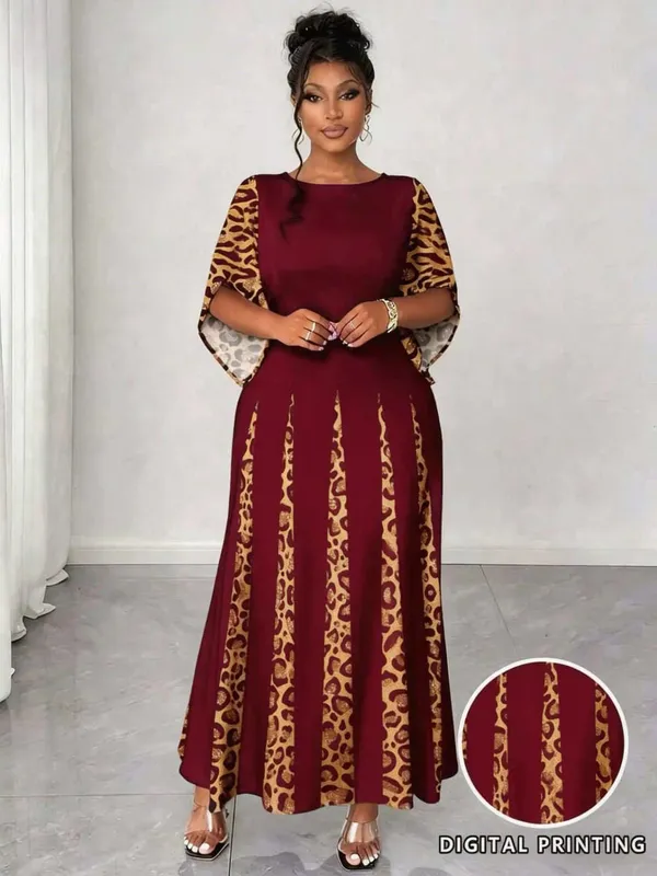 Elegant Leopard Print Maxi Dress Plus Size Fashionable Long Sleeve Gown Comfortable & Stylish Women's Clothing