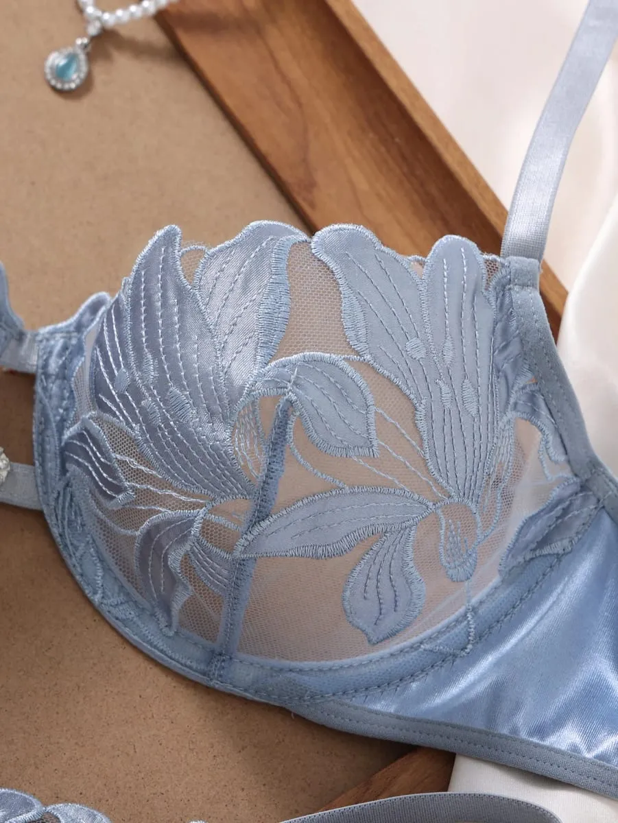 Silver Blue Floral Embroidery Lingerie Set Satin Mesh Underwire Bra Thong Women Intimate Underwear Honeymoon Boudoir ZA824031