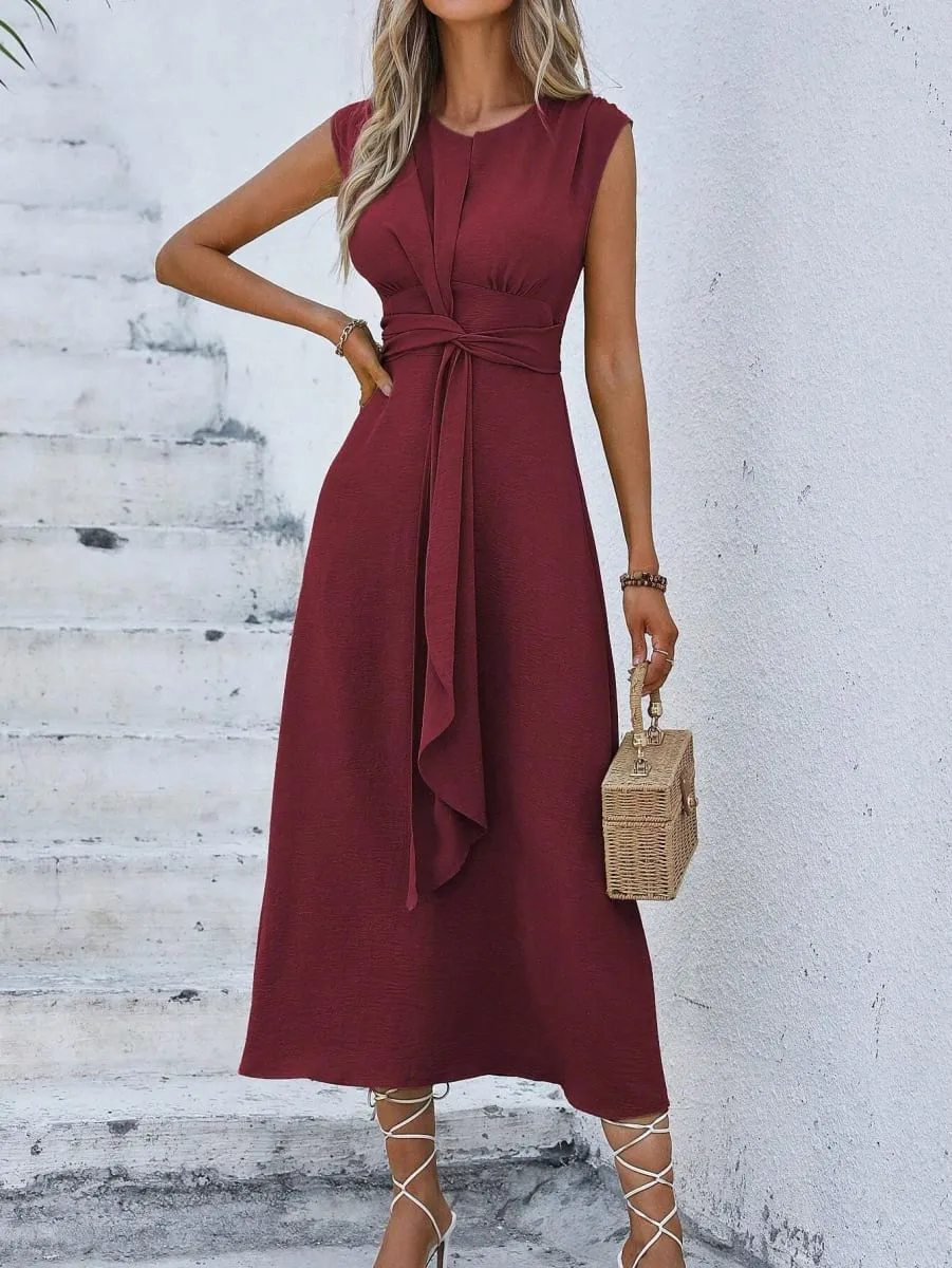 Women's Solid Color A-Line Dress Sleeveless Front Thin Straps Elegant Belted Midi Dress for Summer — image 3