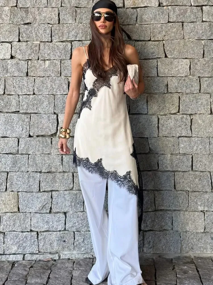 HH Women Elegant Asymmetry Hem Solid Dress Sleeveless Backless V Neck Fashion Dresses Female Sexy Lace splicing Mini Beach Dress
