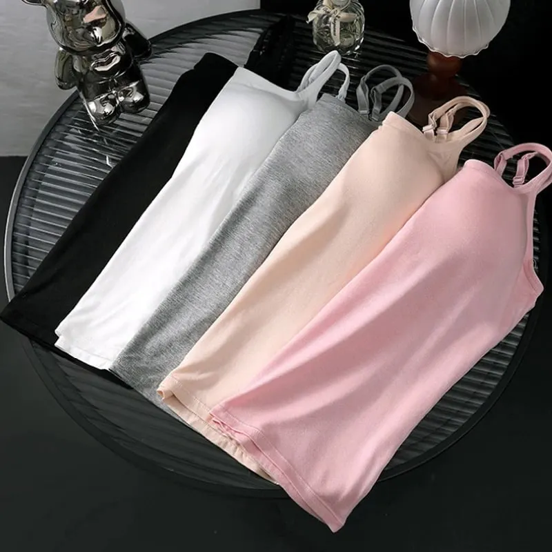 1pcs Girls Basic Solid Vest Female Casual Sleeveless Strap Top Four Season Traceless Women Tank Tops With Padded Cups Vests