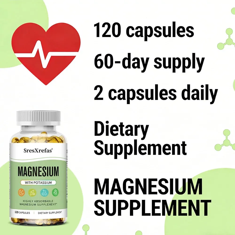 Magnesium Potassium Capsules for Beauty Sleep Quality Reduces Fatigue Headaches Cardiovascular Heart & Immune Health