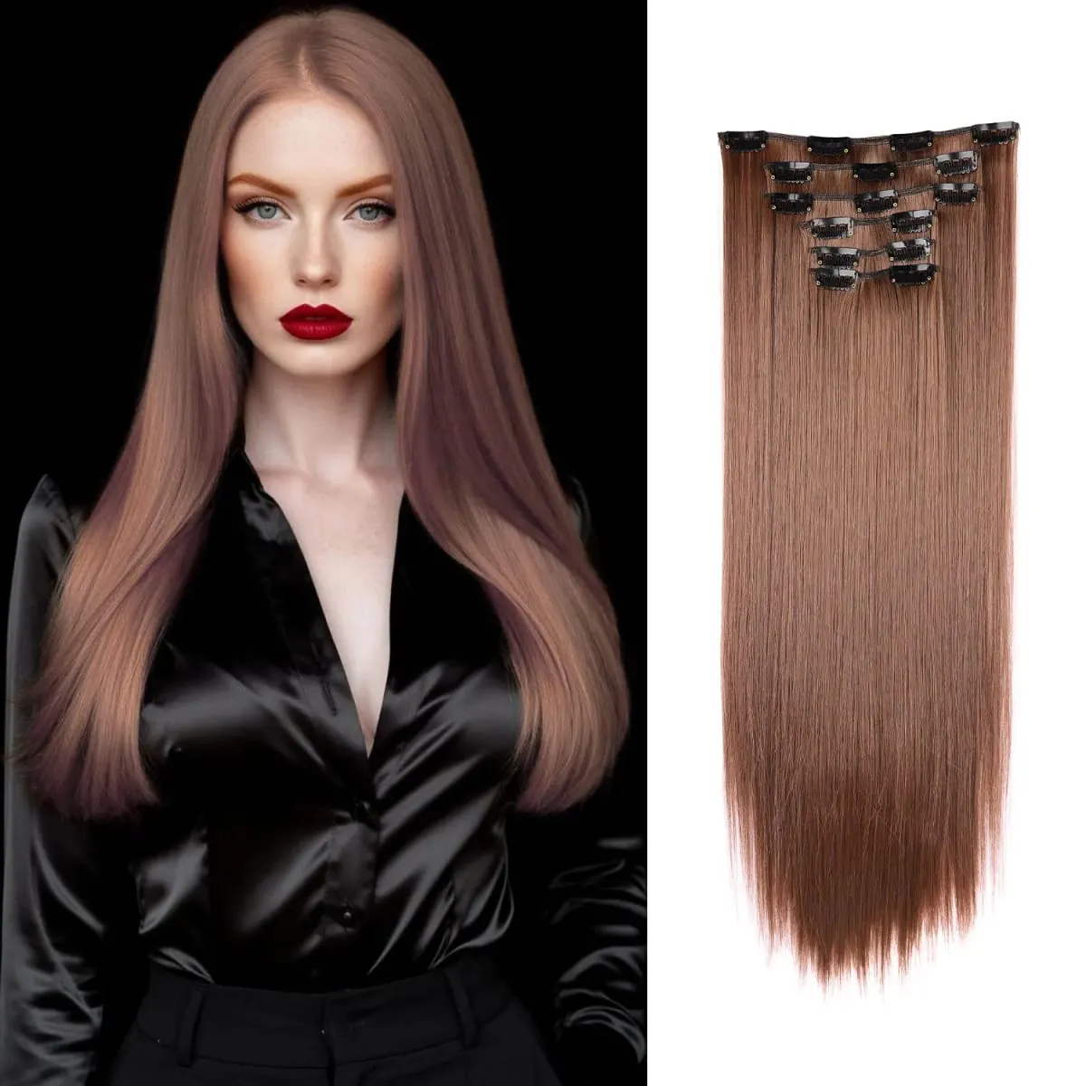 Synthetic Clip in Hair Extensions Clip in 6pcs set Straight Hair 22inch Thick Hairpieces for Women Girls Daily Party — image 15