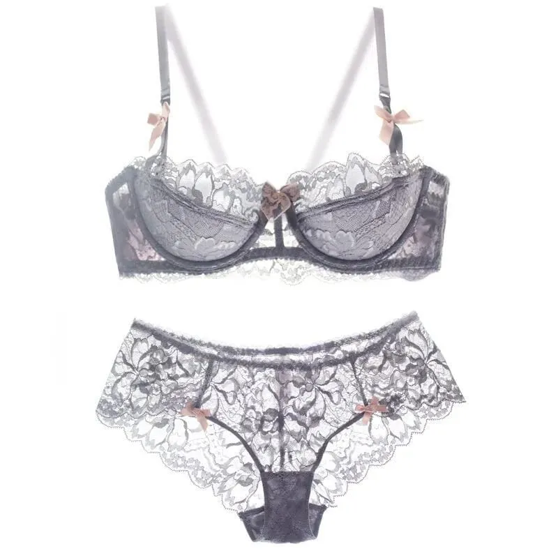 セクシー French Lace Half Cup Bra Set Bow Shoulder Strap Thin Large Bust Minimizer Pure Desire Lingerie For Teen Girls Daily Outfit