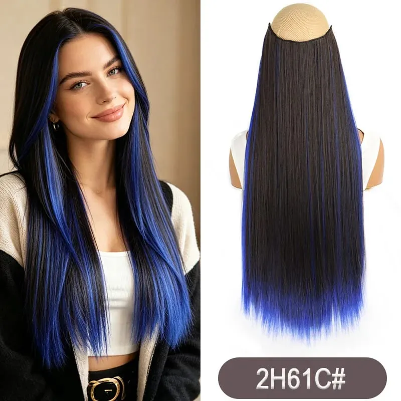 Synthetic 24Inch Long Straight One Piece Rainbow Highlight Clip In Hair Extensions for Women Daily Use Easy Wear