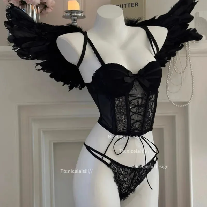 Bra Set Sweet Fishbone Halter Tank Top with Bra Pads Gathered Top Thin Bottom Thick Design Women's Lingerie Set