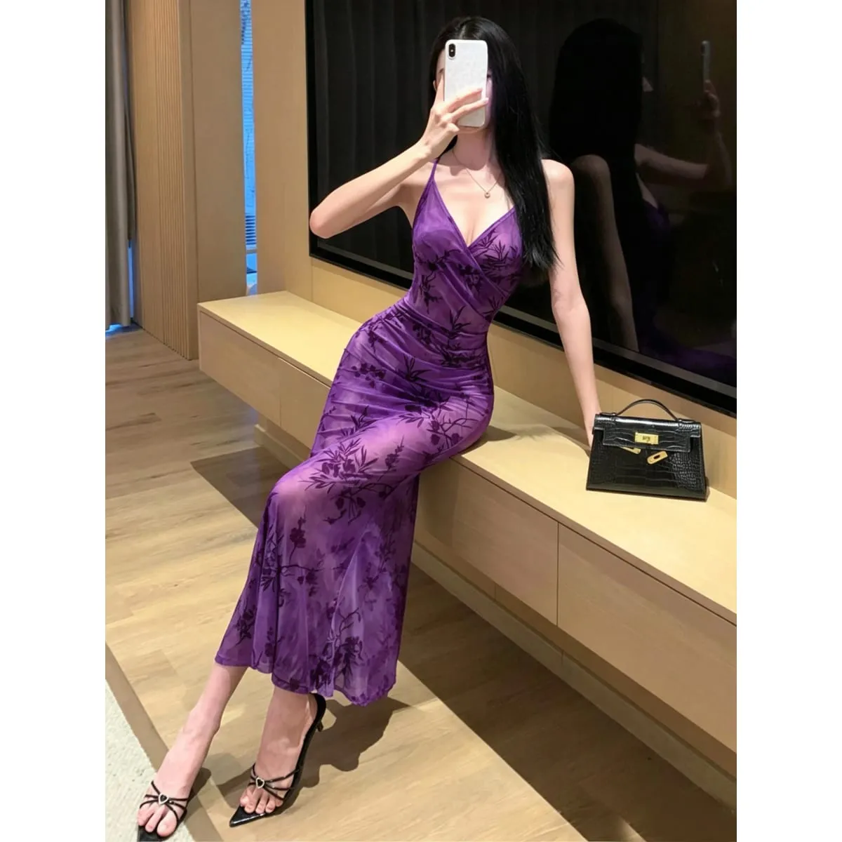 Elegant Purple Floral Print Deep V-Neck Strapless Dress Sexy Bodycon Skirt A-Line Silhouette Comfortable Mid-Length City Commute