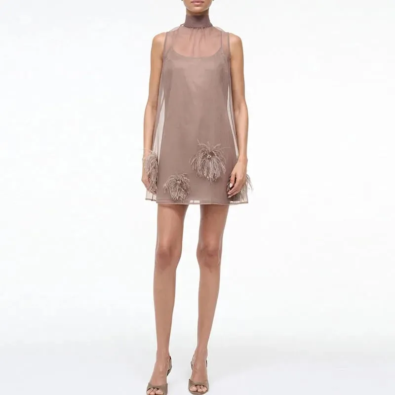 Casual Sleeveless Feather Party Dress Elegant Mesh Splicing Solid A-Line Dress 2025 Women Fashion Half High Collar Short Dress