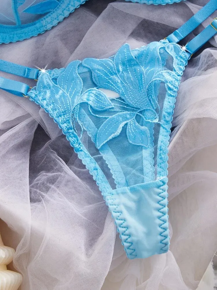 Women's Lingerie Sweety Lace Embroidery Underwear Set Blue Pure Desire Adult Underwear Fancy Transparent Intimate Lingerie Set