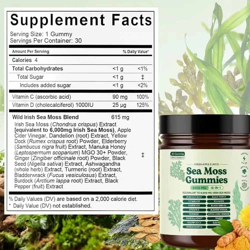 Sea Moss Gummies 16-in-1 with Black Seed Oil Ashwagandha Irish Seamoss Gummies Boosts Immune Support Wellness and Digestion