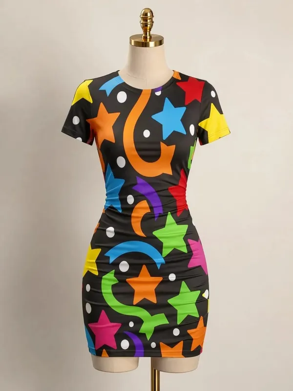 Womens Short Sleeve Bodycon Mini Dress Slim Fit Crew Neck Floral Print Casual Summer Party Cute Sweet Slimming Vacation Sundress — image 11