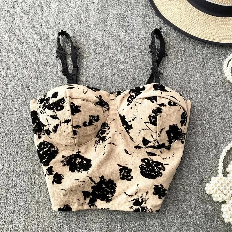 Women Sweet Elastic Camis Underwear Padded Bra Spaghetti Cute Crop Tops Print Tank Tops For Women Summer