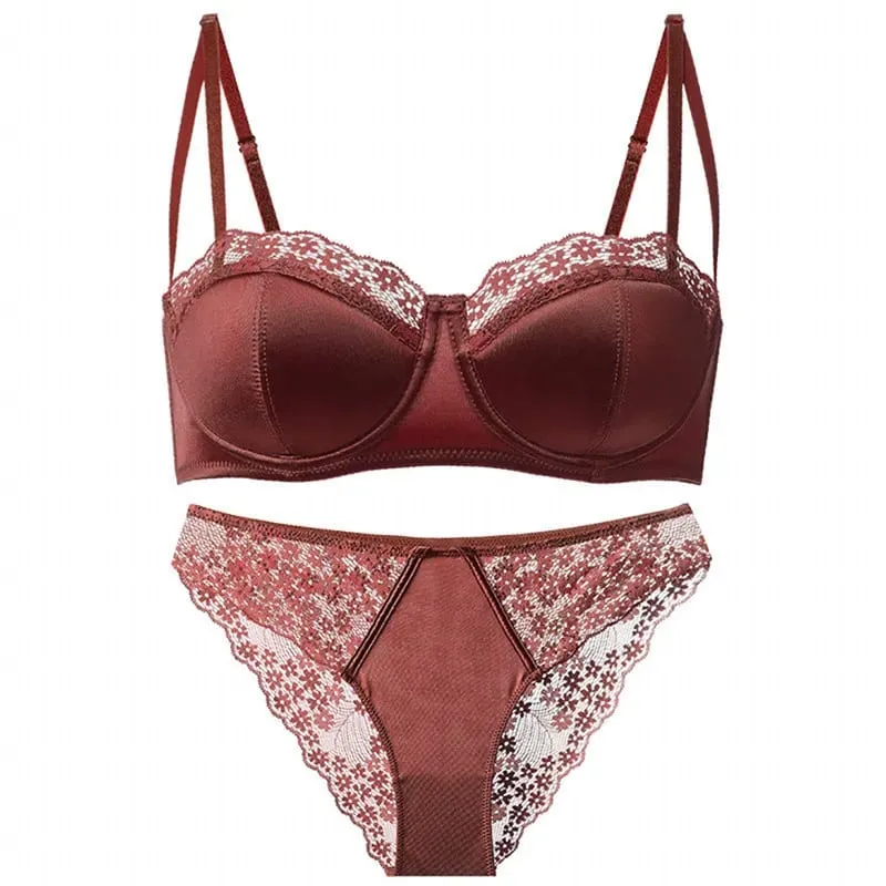 Women Half Cup Lace Bra Set Thin Underwire Minimizer Bra Sexy Push‑Up Anti‑Sag Side Support Hide Armpit Fat Lingerie