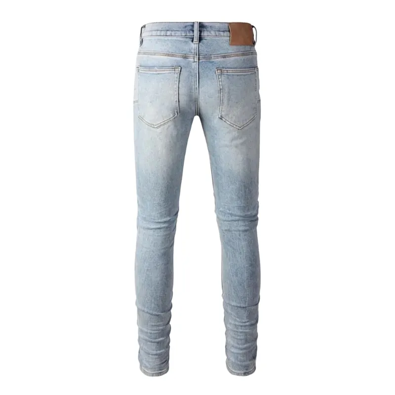 Men's Large Knee Ripped Slim Tapered Jeans Vintage Light Blue Wash Frayed Edges Button Fly High Street Style