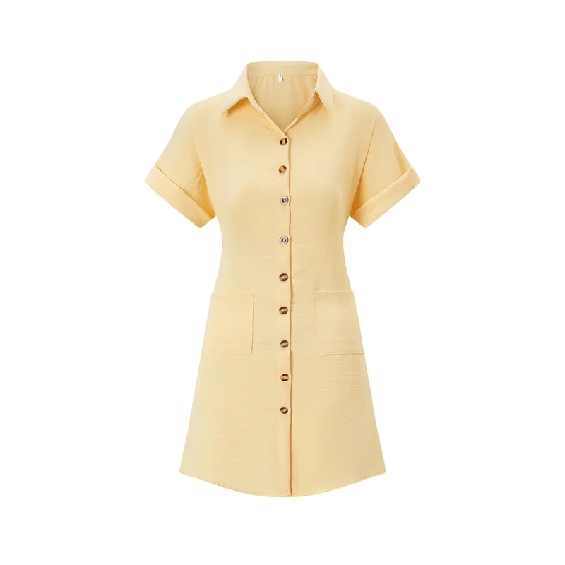2026 European and American Cross Border Leisure Solid Color Cotton Hemp Buckle Long Short Sleeve Loose Shirt Dress Women's Wear — image 11