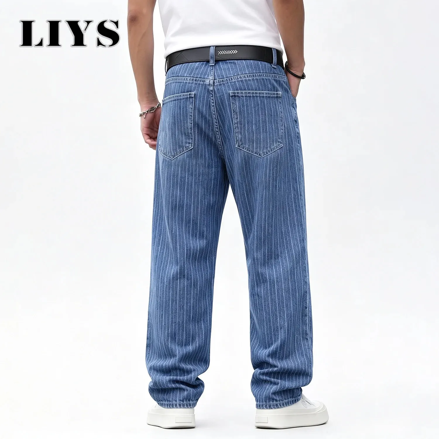 Men Vertical Thin Stripe Jacquard Baggy Denim Pants Classic Blue Loose Wide Leg Straight Leg Vintage Washed Jeans