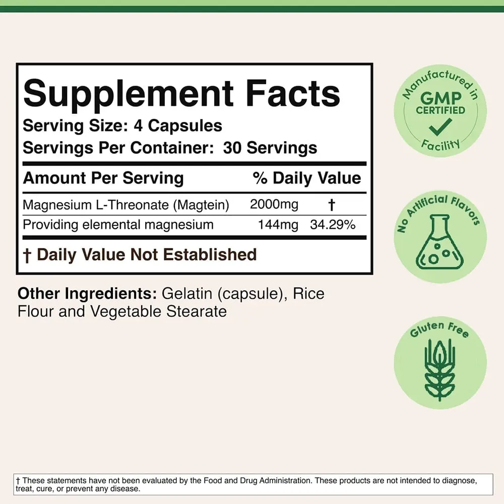 Magnesium L-Threonate Sleep and Cognitive Support - high Absorption - Most Bioavailable Form of Magnesium - 2000mg -120capsules