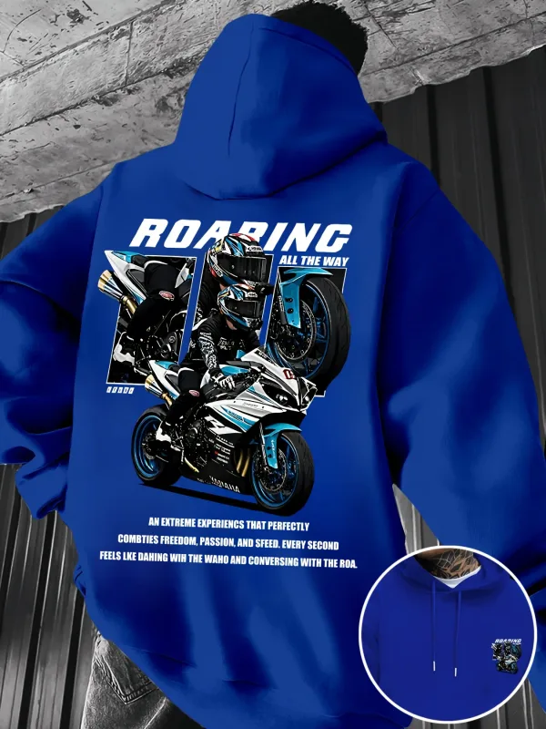 Winter and Autumn Men's Street Fashion Hooded Sweatshirt with "motorcycle" Print Pattern Fleece for Outdoor Warm Cozy Feeling