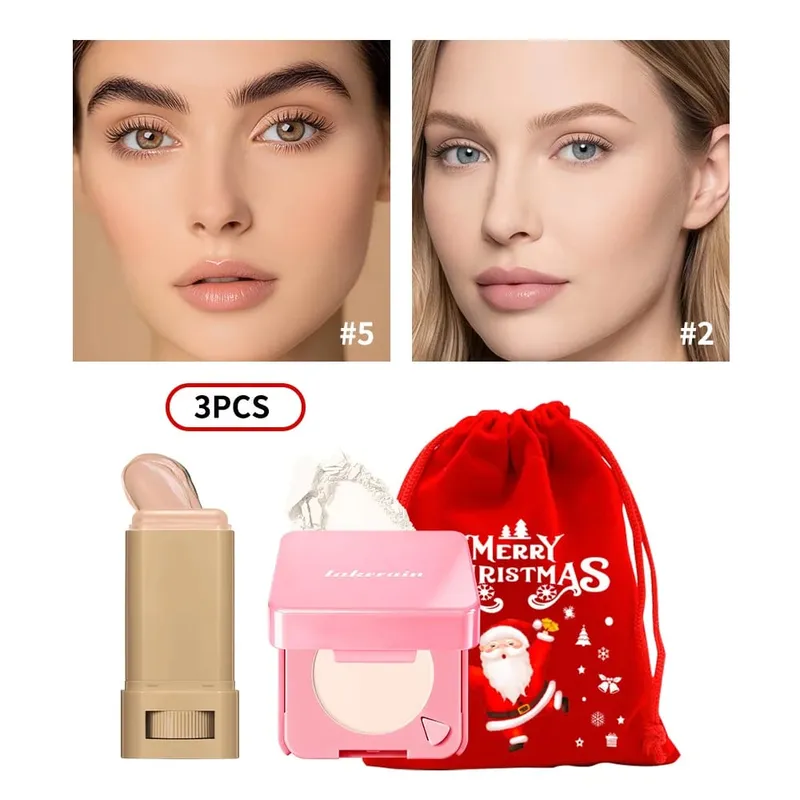 3Pcs Foundation Stick Face Pressed Powder Compact with Christmas Drawstring Bag Long Lasting Matte Face Cosmetic Christmas Gift