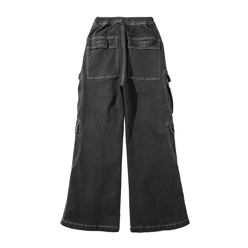 Rick RO style water-washed smoky gray gradient multi-pocket workwear straight-leg casual drawstring wide-leg bootcut loose jeans