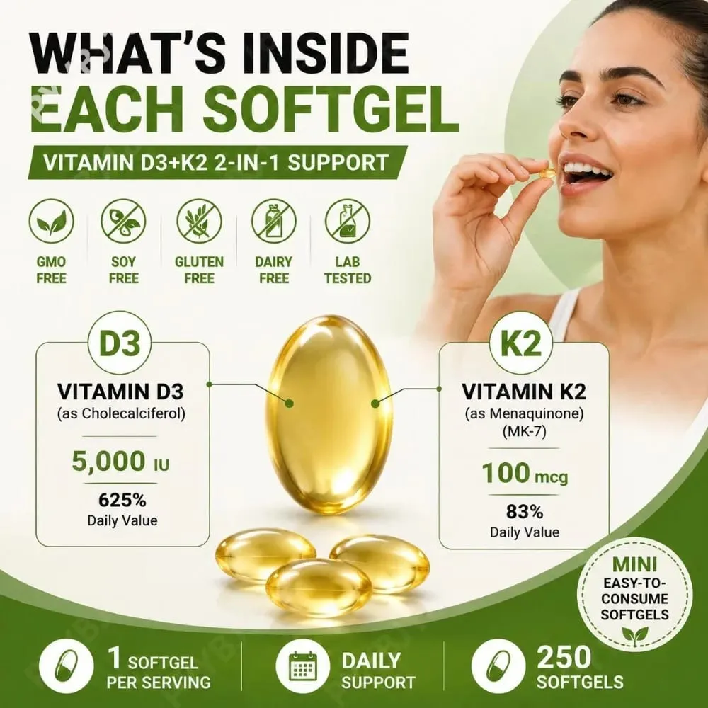Vitamin D3 K2 Softgels with MK-7 5000 IU Vitamin D3 and 100 mcg Vitamin K2 for Daily Heart Bone & Immune Support 250 Softgels