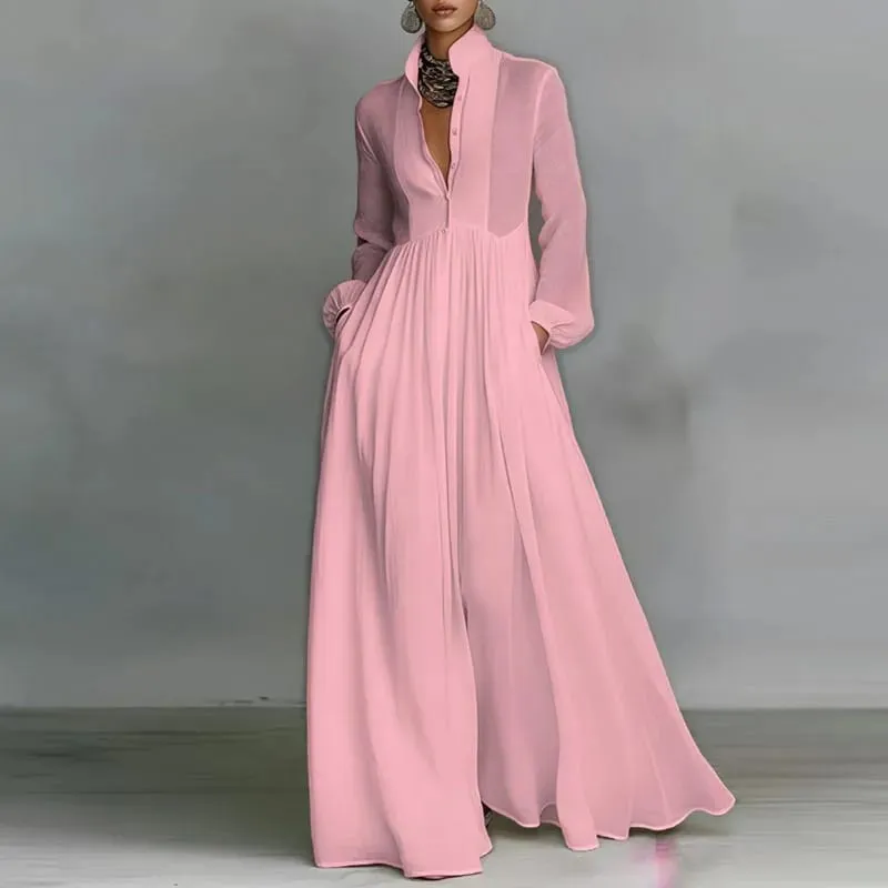 Francouzské elegantní swingové dlouhé šaty s vysokým pasem žena jarní plné kapsy plisované maxi šaty podzimní večerní šaty s dlouhým rukávem — image 8