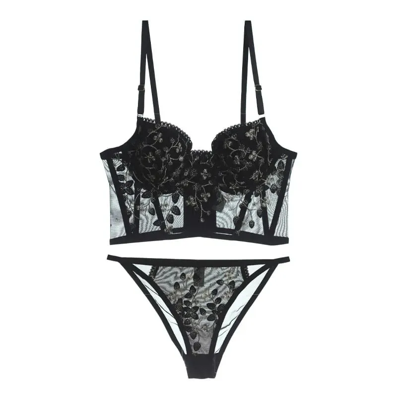 New Embroidery Lace Flowers French Women Underwear Steel Rubber Bone Push Up Bras Sexy Bralette Cute Lingerie Sexy Body Shaping