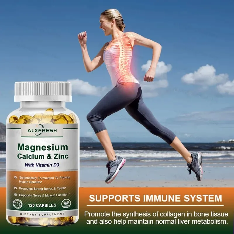 Calcium Magnesium Zinc Capsules with Vitamin D3 for Strong Bones & Teeth | Heart Nerve & Immune Function Health Support