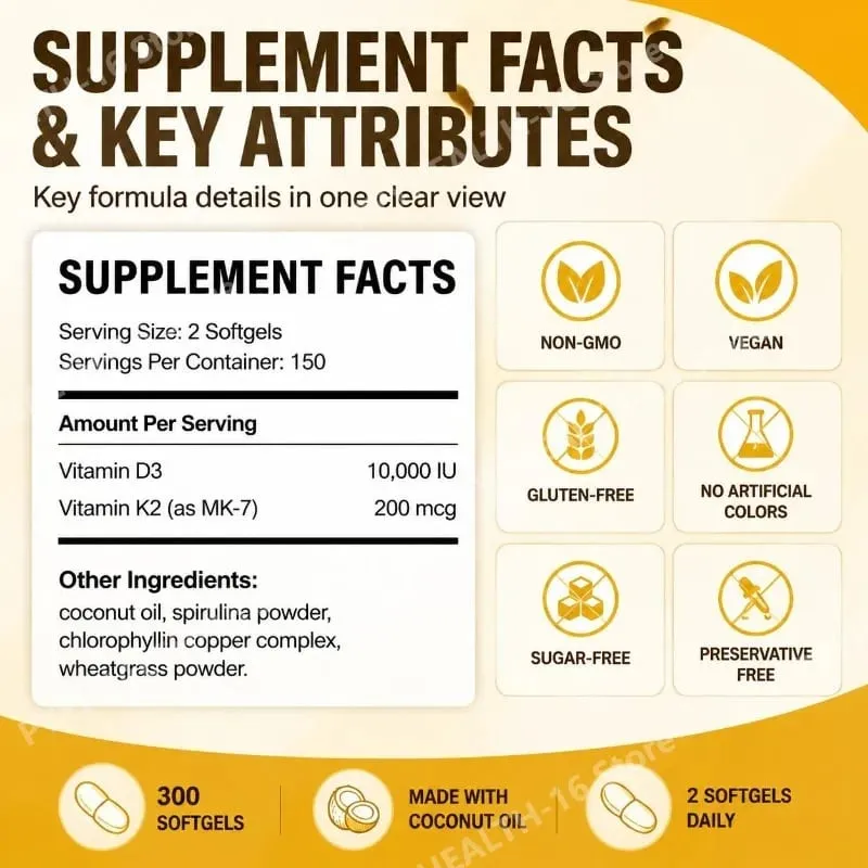Docteat Vitamin D3 & K2 Softgels with Immune Support and Bone Health Coconut Oil GMO Free Gluten Free Soy Free 300 Softgels