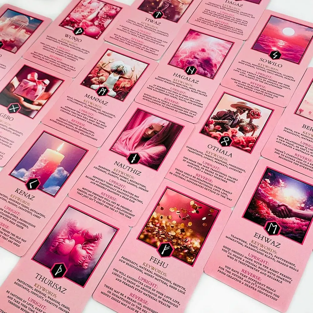 Pink Oracle Cards For Relationship Guidance & Divination - Elder Futhark Rune Meanings Perfect For Collector & Gift Giving