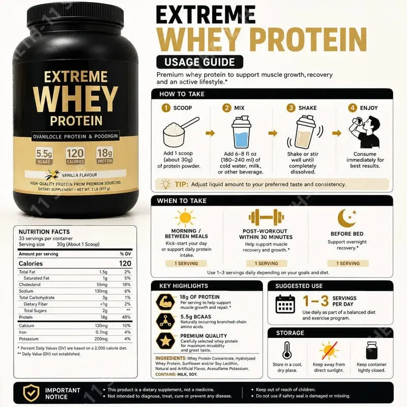 אבקת חלבון מי גבינה לבן Mass Gainer תוסף שרירים צמיחת שרירים תמיכה בריאותית ספורט לחדר כושר טעם וניל 1000 גרם