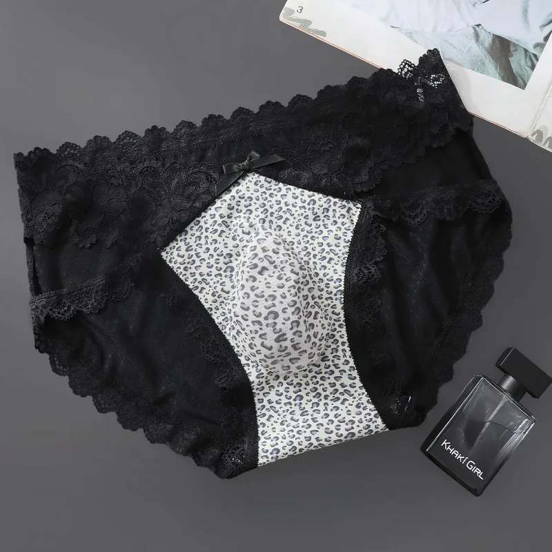 Men Briefs High Fork Lace Edge Leopard Printed Underwear Ice Silk Quick-Drying Panties Sissy Lingerie See Through Underpants