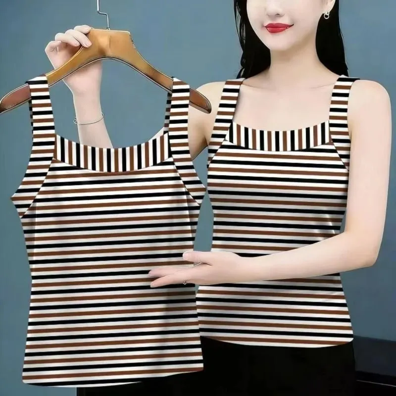 Summer Sleeveless Striped Contrast Patchwork Plus Size Vintage Tops All-match Harajuku T Shirts Fashion Casual Women Clothing