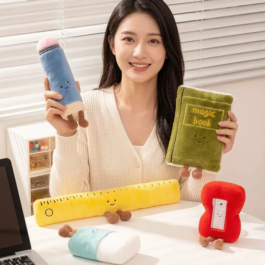 Kawaii Stationery Commodity Plush Toy Stuffed Humanoid Ruler Book Pencil Sharpener Eraser Pillow Decoration Gift