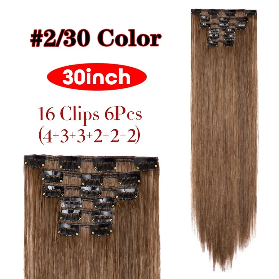 6Pcs/Set 16 Clips In Hair Extensions Black Brown Straight Synthetic Hairpieces 30Inch Thick Hair Extension For Girls Daily Use