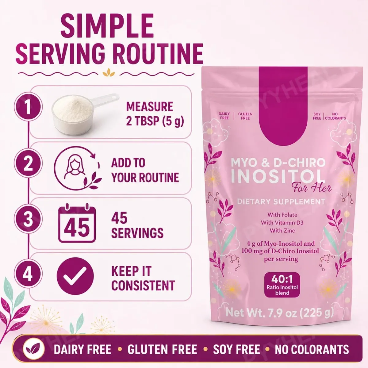 Myo-Inositol & D-Chiro Inositol Powder 40:1 4000mg with Folate Zinc & Vitamin D3 Women's Cycle & Ovarian Wellness 45 Servings