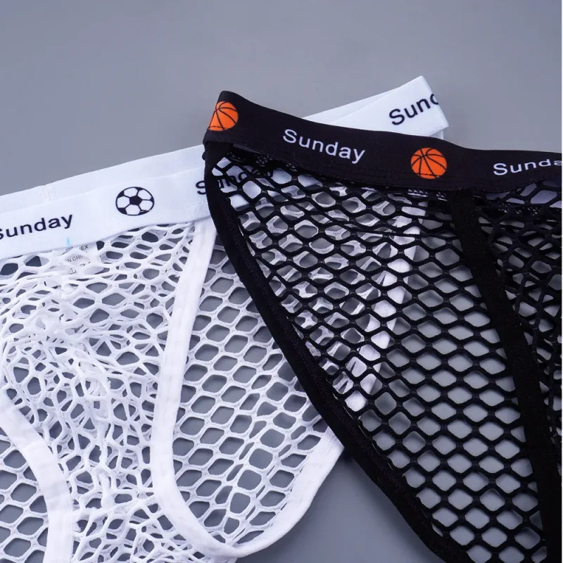 2PCS Basketball Letters Print Low Waist Men Sexy Transparent Nylon Briefs Male Large Mesh Fishnet Underwear for Sports