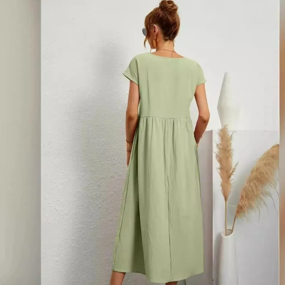 Premium Elegant Solid Cotton Linen Dress Summer Midi with Pockets Loose Fit Casual Crew Neck Short Sleeve for Beach Travel — image 4