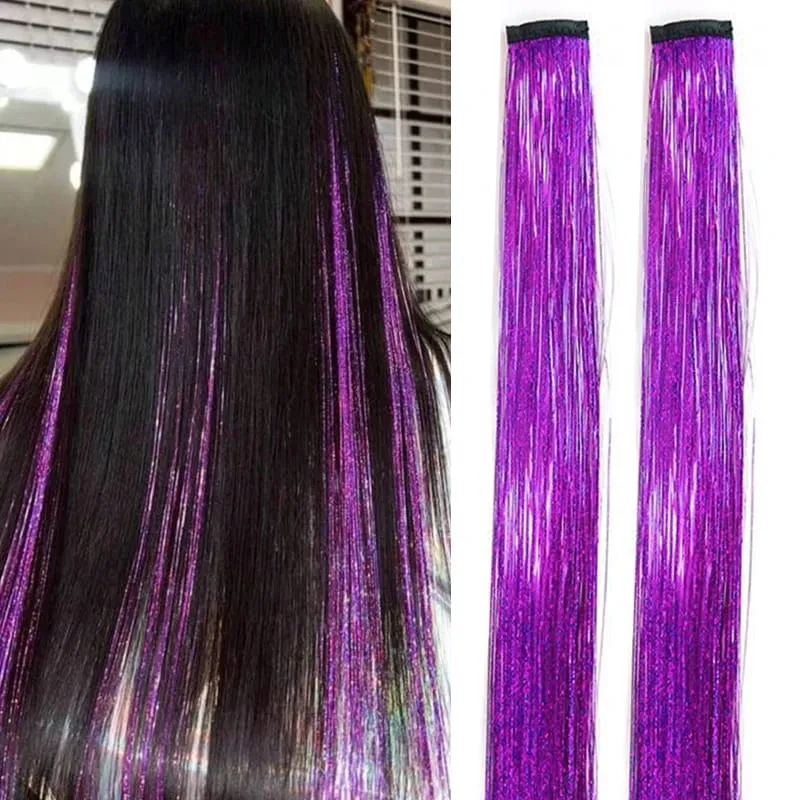 2PCS Synthetic Hair Tinsel Clip in Extensions Colored Sparkle Hair Tinsel Kit with BB Clip for Kids Girls Christmas Party Use