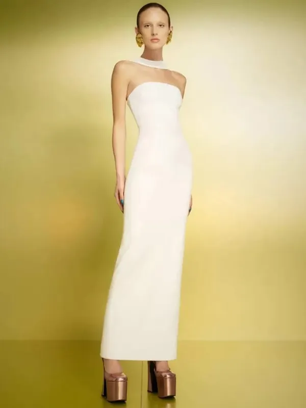 Femmes célébrité Sexy dos nu licou rouge blanc Maxi longue été pansement robe moulante 2025 élégant soirée Club tenue de fête