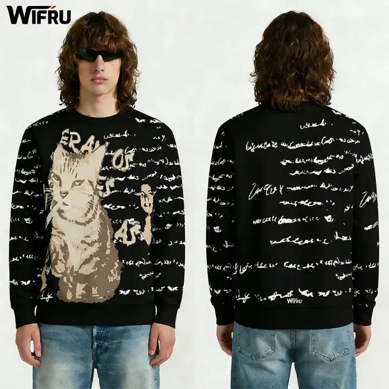 Vintage Cat Portrait English Letter Graphic Pullover WIFRU Harajuku Aesthetic Long Sleeve Crewneck Top Unisex Casual Streetwear — image 8
