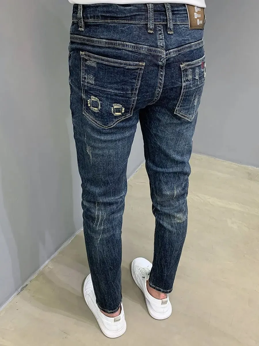 Harajuku Fashion Autumn New Blue Jeans Men's Trendy Brand Scratches Cargo Work Korean Slim-fitting Trousers Luxury Elastic Pants